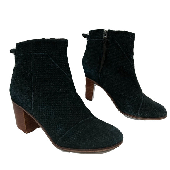 Toms Boots Womens Sz 9 Black Suede Block High Heel Ankle Round Toe Side Zip - Picture 1 of 7